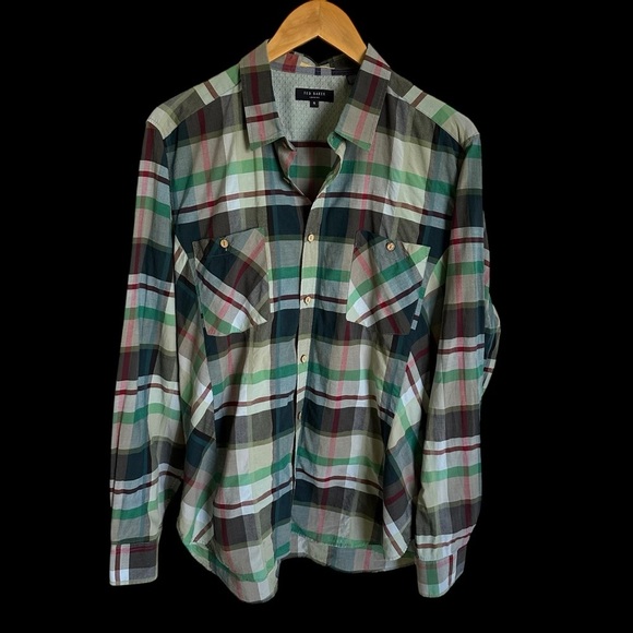 Ted Baker London size 6 XXL Mens Plaid Button Up cotton shirt Elbow Patch Spring - Picture 1 of 6